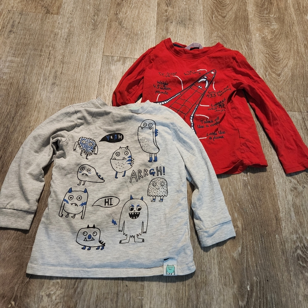 Bundle Of 2 Kids Long Sleeve Monster and Plane Graphic Long Sleeve Tees